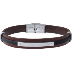 Bracelet acier - cuir marron et noir italien - plaque - réglable - 21,5cm