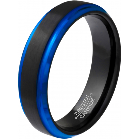 Bague tungstène - 2 tons - noir et bleu - finition brossée - 6mm -  T58 à 70