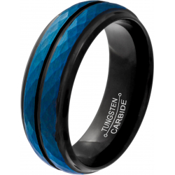 Bague tungstène - 2 tons - bleu et noir - finition facettée - 6mm -  T58 à 70