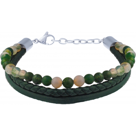 Bracelet acier - cuir et cuir tressé italien vert - billes agate mousse 4mm - 16+5cm