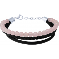 Bracelet acier - cuir et cuir tressé italien noir - billes quartz rose 4mm - 16+5cm