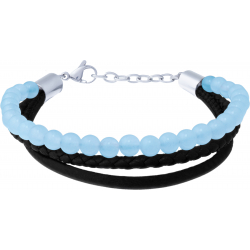 Bracelet acier - cuir et cuir tressé italien noir - billes agate bleue 4mm - 16+5cm