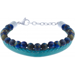 Bracelet acier - cuir et cuir tressé italien bleu ciel - billes lapiz lazulli 4mm - 16+5cm