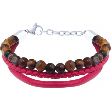 Bracelet acier - cuir et cuir tressé italien fushia - billes agate marron 4mm - 16+5cm