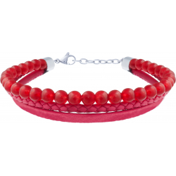 Bracelet acier - cuir et cuir tressé italien rouge - billes agate rouge 4mm - 16+5cm