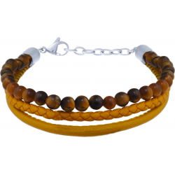 Bracelet acier - cuir et cuir tressé italien moutarde - billes il de tigre 4mm - 16+5cm