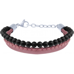 Bracelet acier - cuir et cuir tressé italien rose foncé - billes onyx 4mm - 16+5cm