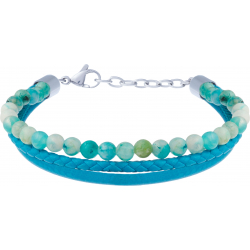 Bracelet acier - cuir et cuir tressé italien bleu - billes apatite 4mm - 16+5cm