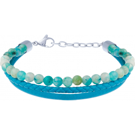 Bracelet acier - cuir et cuir tressé italien bleu - billes apatite 4mm - 16+5cm