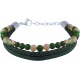 Bracelet acier - cuir et cuir tressé italien vert - billes agate mousse 4mm - 16+5cm