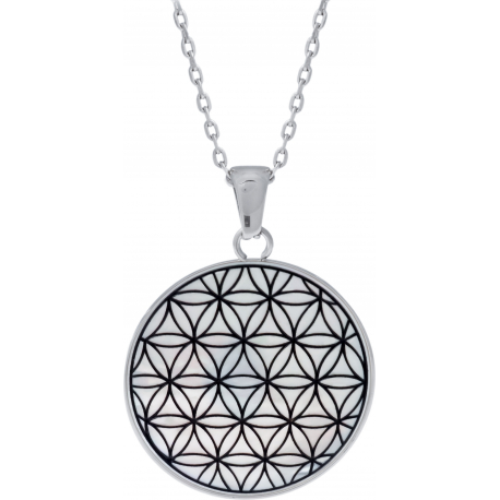 Collier acier - fleur de vie - nacre blanche - émail noir - diamètre 25mm - 45+5cm
