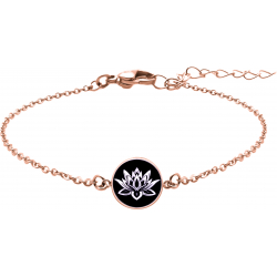 Bracelet acier rosé - fleur de lotus - nacre blanche - émail noir - diamètre 17mm - 15+5cm
