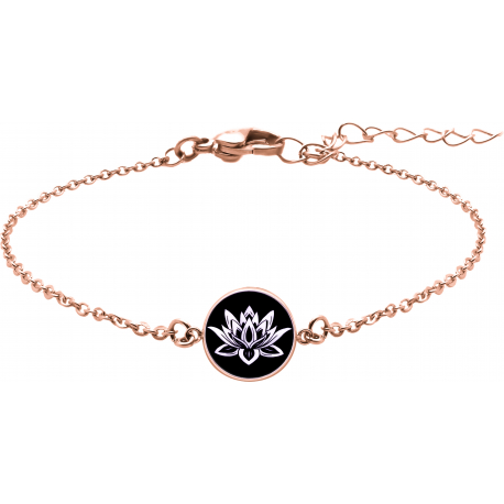 Bracelet acier rosé - fleur de lotus - nacre blanche - émail noir - diamètre 17mm - 15+5cm