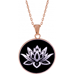 Collier acier rosé - fleur de lotus - nacre blanche - émail noir - diamètre 25mm - 45+5cm