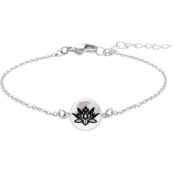 Bracelet acier - fleur de lotus - nacre blanche - émail noir - diamètre 17mm - 15+5cm