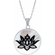 Collier acier - fleur de lotus - nacre blanche - émail noir - diamètre 25mm - 45+5cm