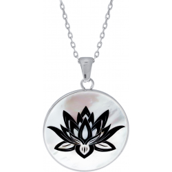 Collier acier - fleur de lotus - nacre blanche - émail noir - diamètre 25mm - 45+5cm