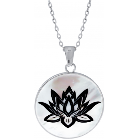 Collier acier - fleur de lotus - nacre blanche - émail noir - diamètre 25mm - 45+5cm