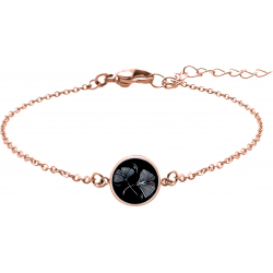 Bracelet acier rosé - fleur de ginkgo - nacre blanche - émail noir - diamètre 17mm - 15+5cm