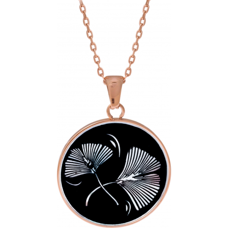 Collier acier rosé - fleur de ginkgo - nacre blanche - émail noir - diamètre 25mm - 45+5cm