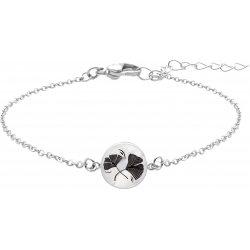 Bracelet acier - fleur de ginkgo - nacre blanche - émail noir - diamètre 17mm - 15+5cm