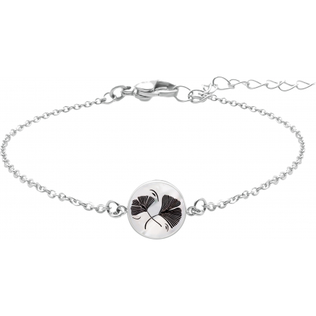 Bracelet acier - fleur de ginkgo - nacre blanche - émail noir - diamètre 17mm - 15+5cm