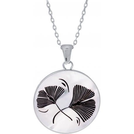 Collier acier - fleur de ginkgo - nacre blanche - émail noir - diamètre 25mm - 45+5cm