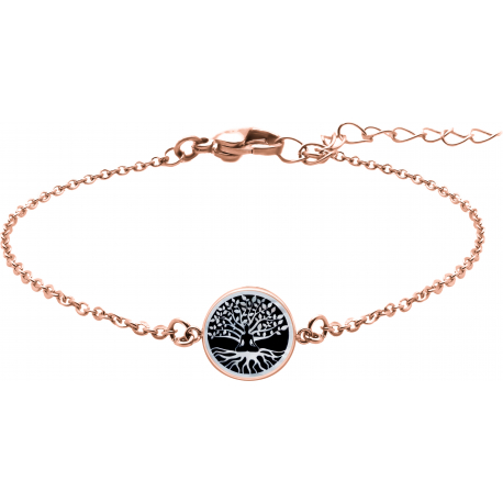 Bracelet acier rosé - bouddha et arbre de vie - nacre blanche - émail noir - diamètre 17mm - 15+5cm