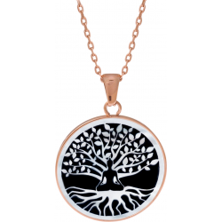 Collier acier rosé - bouddha et arbre de vie - nacre blanche - émail noir - diamètre 25mm - 45+5cm