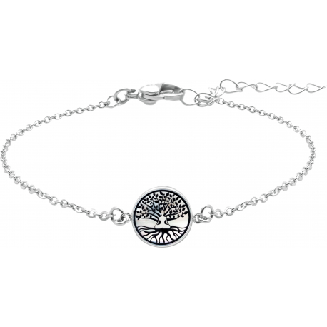 Bracelet acier - bouddha et arbre de vie - nacre blanche - émail noir - diamètre 17mm - 15+5cm