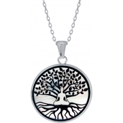 Collier acier - bouddha et arbre de vie - nacre blanche - émail noir - diamètre 25mm - 45+5cm