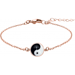 Bracelet acier rosé - yin yang et arbre de vie - nacre blanche - émail noir - diamètre 17mm - 15+5cm