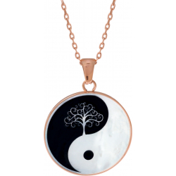 Collier acier rosé - yin yang et arbre de vie - nacre blanche - émail noir - diamètre 25mm - 45+5cm