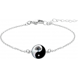 Bracelet acier - yin yang et arbre de vie - nacre blanche - émail noir - diamètre 17mm - 15+5cm