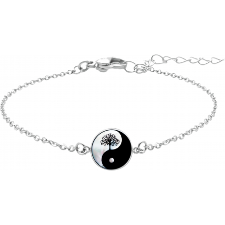 Bracelet acier - yin yang et arbre de vie - nacre blanche - émail noir - diamètre 17mm - 15+5cm