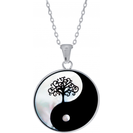 Collier acier - yin yang et arbre de vie - nacre blanche - émail noir - diamètre 25mm - 45+5cm