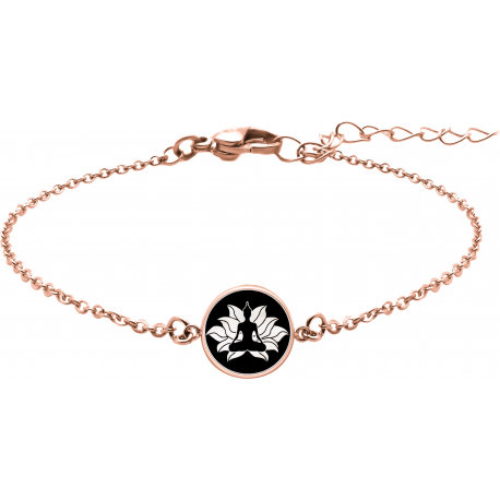 Bracelet acier rosé - bouddha - nacre blanche - émail noir - diamètre 17mm - 15+5cm