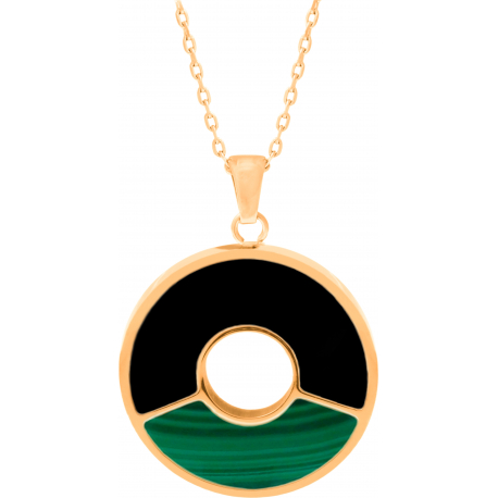 Collier acier doré - onyx - malachite - diamètre 24mm - 45+5cm