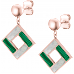 Boucles d'oreilles acier rosé - hauteur : 20mm - largeur : 20mm - malachite - nacre blanche