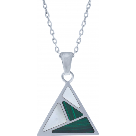 Collier acier - malachite - nacre - triangle 20mm de côté - 45+5cm