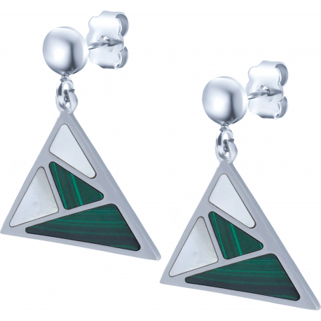 Boucles d'oreille acier - malachite - nacre - triangle 18mm de côté