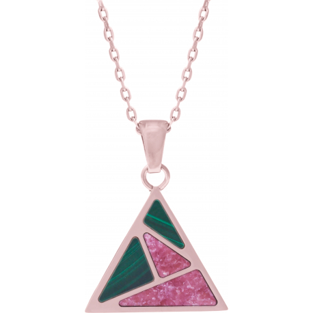 Collier acier rosé - malachite - rodhonite - triangle 20mm de côté - 45+5cm