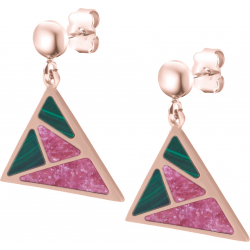 Boucles d'oreille acier rosé - malachite - rodhonite - triangle 18mm de côté