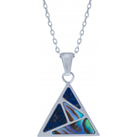 Collier acier - lapis lazuli - nacre abalone - triangle 20mm de côté - 45+5cm