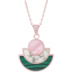 Collier acier rosé - nacre rose - howlite - malachite - hauteur : 30mm - largeur : 30mm - 45+5cm