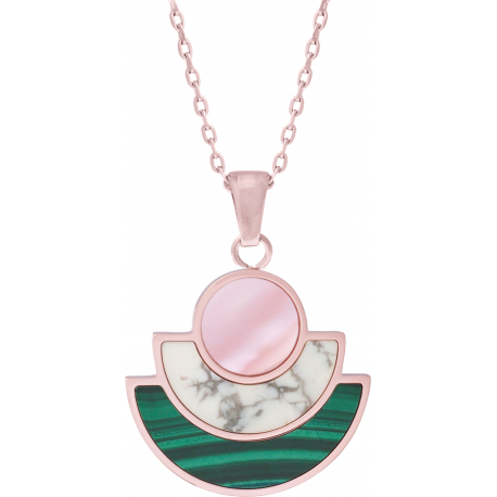 Collier acier rosé - nacre rose - howlite - malachite - hauteur : 30mm - largeur : 30mm - 45+5cm