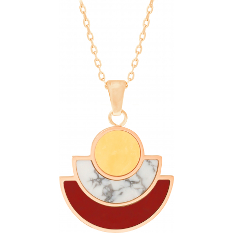 Collier acier doré - agate jaune - howlite - cornaline - hauteur : 30mm - largeur : 30mm - 45+5cm