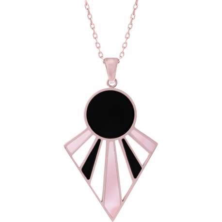 Collier acier rosé - onyx - nacre rose - hauteur : 42mm - largeur : 30mm - 45+5cm