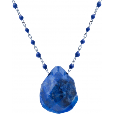 Collier en acier - boules en email bleue de 2mm -  lapis lazuli facetté 15x18mm - 42+7cm