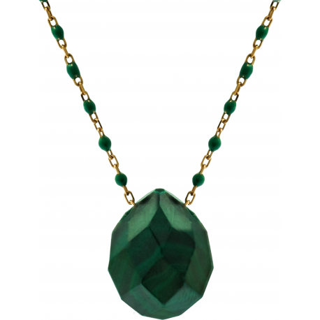 Collier en acier rosé - boules en email verte de 2mm -  malachite facetté 15x18mm - 42+7cm